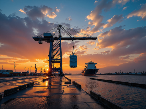 International freight forwarding service scene, modern port container terminal with large cargo ships docked for loading and unloading goods, blue sky and white clouds background showcasing the professionalism of logistics transportation